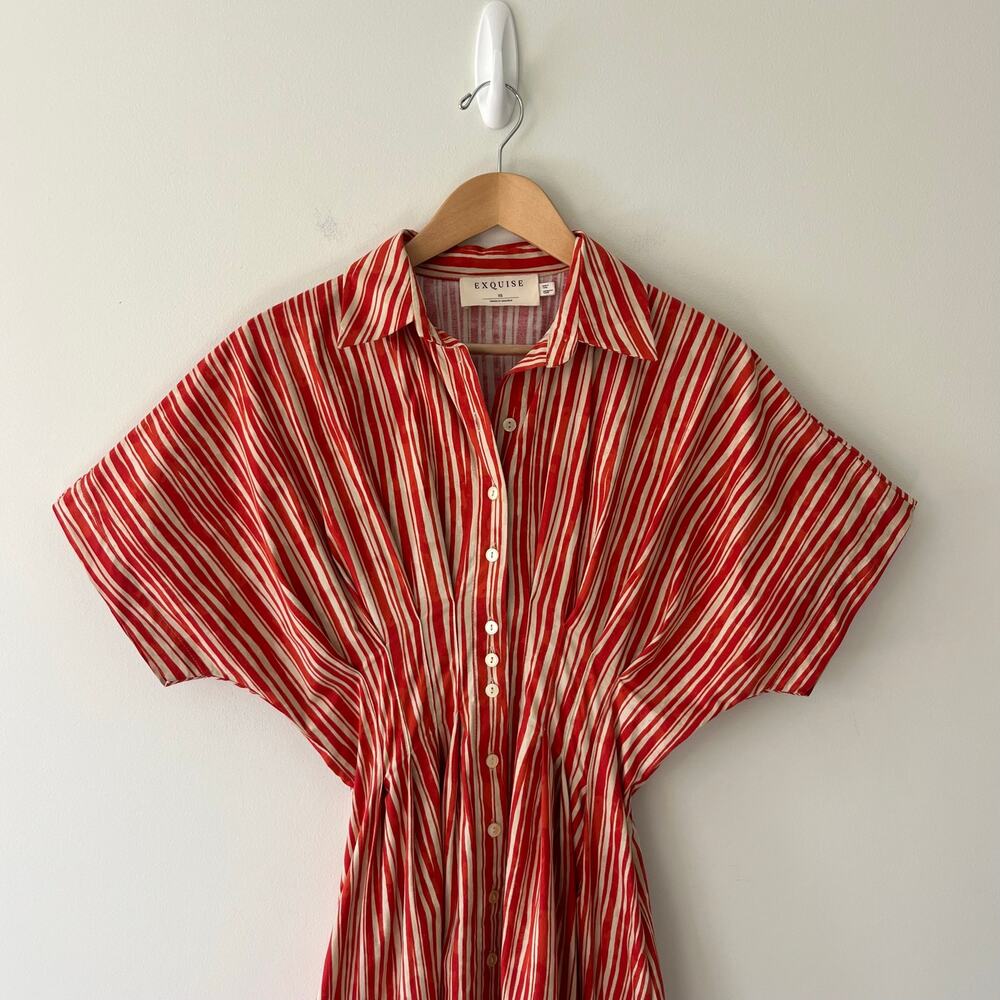 Anthropologie Exquise The Tobie Cadence Shirt Dress Midi in Red Ivory, Size XS - Picture 13 of 14